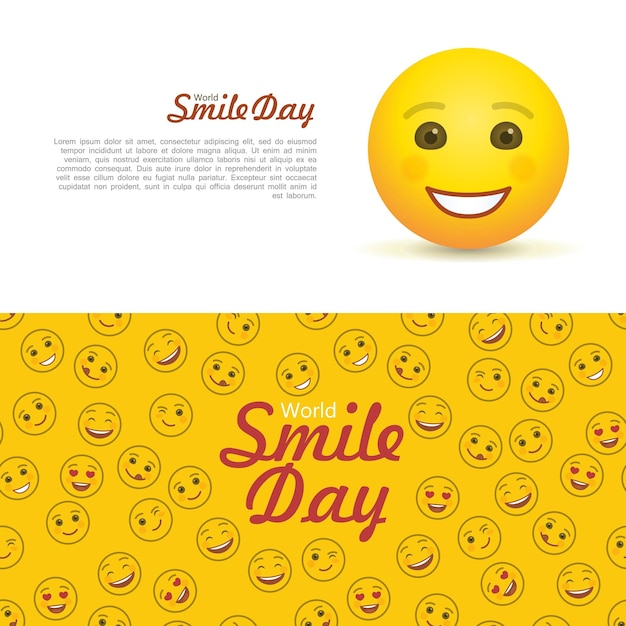 Vector volantes horizontales del día mundial de la sonrisa con expresión emoji tarjeta de felicitación con emoticon alegre celebración navideña divertida cara de sonrisa feliz en estilo plano ilustración de vector de evento festivo positivo