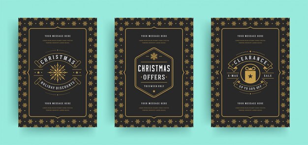 Los volantes o pancartas de rebajas de Navidad establecen ofertas de descuento y patrones de copos de nieve con decoración adornada