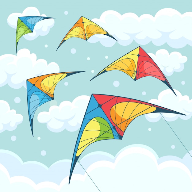 Volar cometas de colores en el cielo con nubes de fondo. Kite Surf. Festival de verano, vacaciones, vacaciones. Concepto de kitesurf. ilustración. dibujos animados