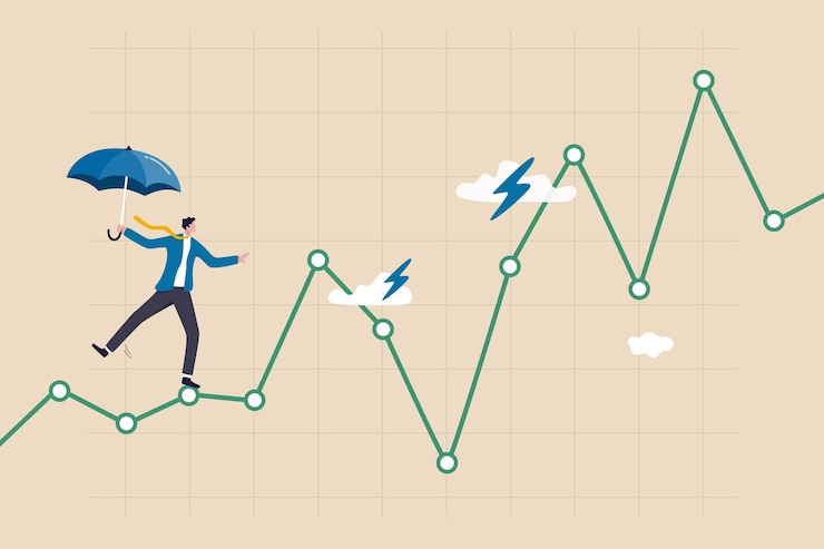 Vector volatilidad de la inversión de riesgo e incertidumbre o fluctuación del mercado de valores y de la moneda criptográfica hacia arriba y hacia abajo concepto de estrategia para todo clima empresario acróbata que planea caminar en un gráfico de inversión de riesgo
