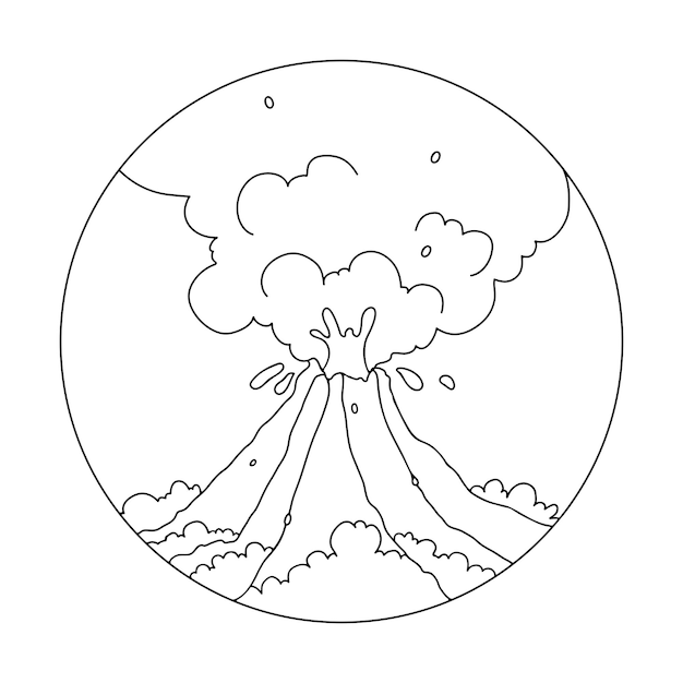 Volcán en erupción con lava caliente y humo Esquema Doodle para libro para colorear Vector Premium