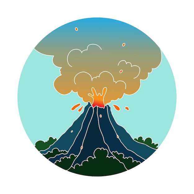 Vector volcán en erupción con lava caliente y humo estilo de dibujos animados vector premium