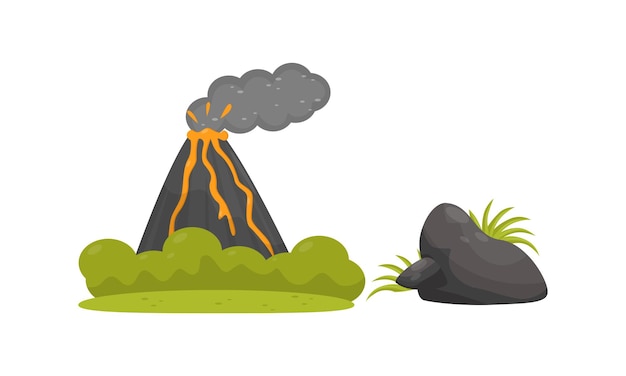 Volcán y piedras como elementos del paisaje de la selva tropical Conjunto vectorial