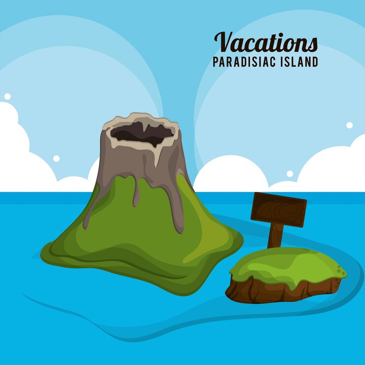 Vector volcán tabla de madera vacaciones paradisíacas isla