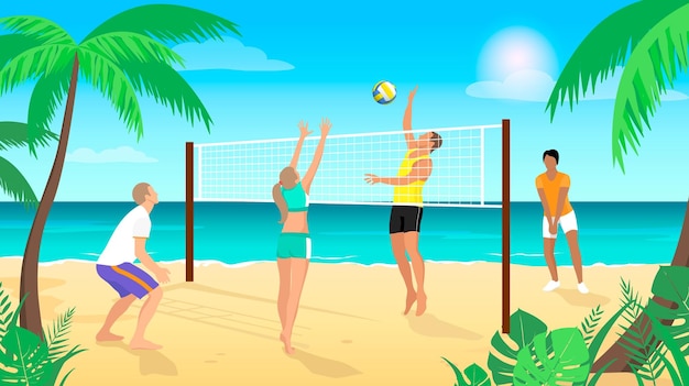 Voleibol de playa La gente juega voleibol en la playa contra el mar azul Estilo de vida saludable Deportes en la playa Ilustración vectorial
