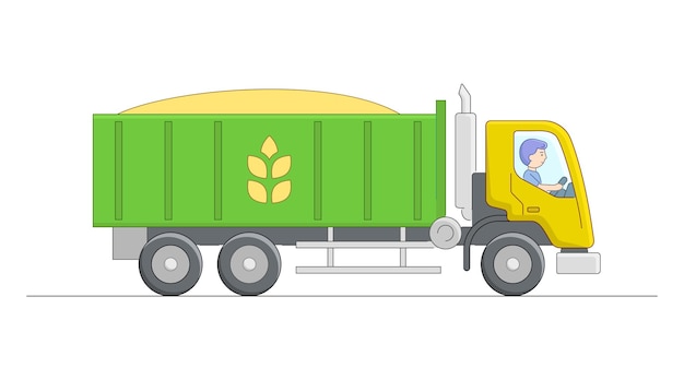 Volquete verde y amarillo con carácter de conductor. Composición lineal de dibujos animados. Esquema de objetos agrícolas rurales que transportan mercancías. Transporte de trigo con camión volquete.