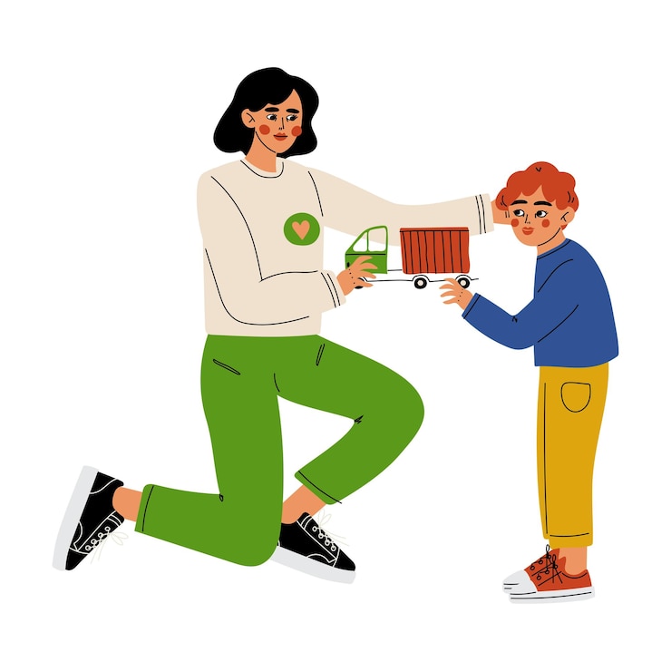Vector voluntaria dona a un niño un coche de juguete caridad voluntaria y apoyo a la gente ilustración vectorial en fondo blanco