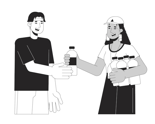Voluntariado bw concepto ilustración de puntos vectoriales Mujer dando botella de agua Donación de dibujos animados 2D línea plana caracteres monocromáticos en blanco para diseño de interfaz de usuario web Imagen de héroe de contorno aislado editable