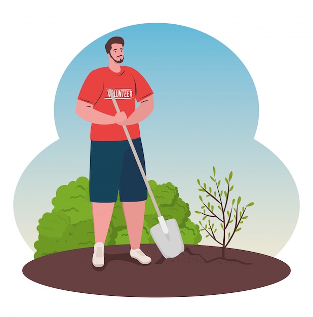 Vector voluntariado, concepto social de caridad, hombre voluntario planta árbol, estilo de vida ecológico