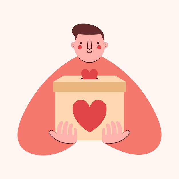 Vector voluntario con caja para donación con corazones en las manos. lindo clipart en estilo plano con activista