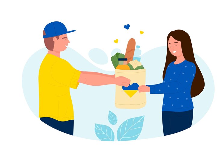Vector voluntario dando una bolsa de papel con comida y un corazón en los colores nacionales amarillo azul de ucrania