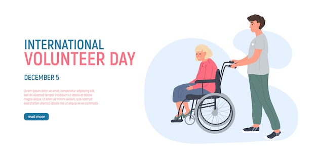 Voluntario joven está caminando a una mujer mayor de pelo gris en una silla de ruedas. 5 de diciembre día internacional del voluntariado. trabajadores sociales que se preocupan por las personas mayores. cuidar a los ancianos