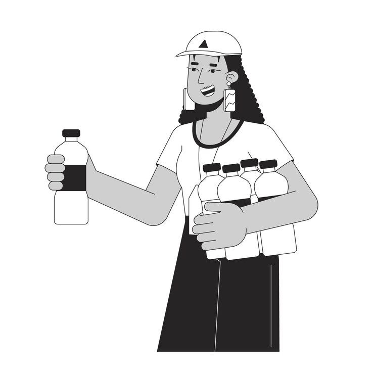 Vector voluntario que da agua línea plana blanco negro carácter vectorial mujer con gorra donación voluntariado contorno editable cuerpo completo persona ilustración de punto aislado de dibujos animados simple para diseño gráfico web