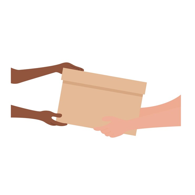 Vector el voluntario que hace una donación o una caja de caridad al vector de ilustración del personaje destinatario