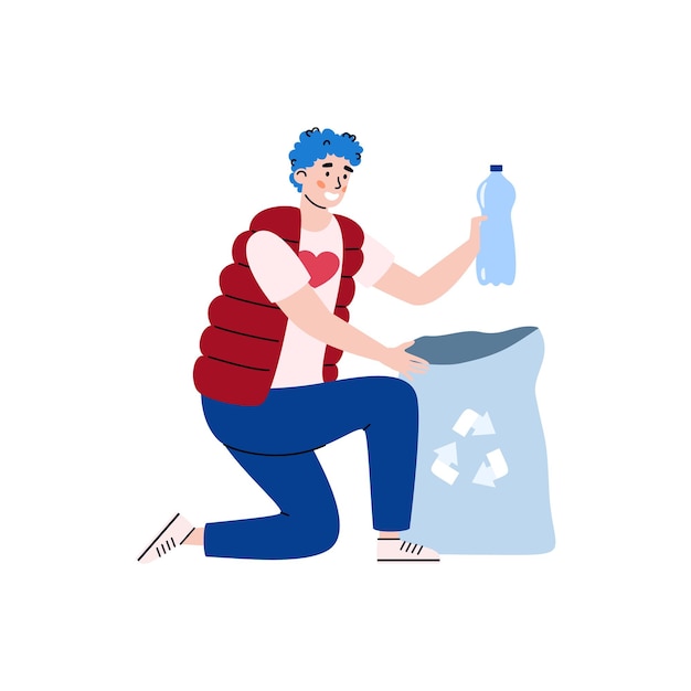 El voluntario recoge la basura en la ilustración de dibujos animados de la bolsa de basura aislada
