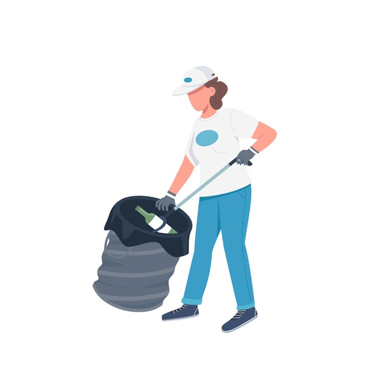 Vector voluntario recolectando basura color plano personaje sin rostro. conserje limpiando basura ilustración de dibujos animados aislado para diseño gráfico web y animación. limpieza ambiental, servicio de limpieza