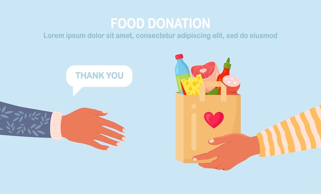 Vector voluntario sosteniendo una caja de donación con alimentos para personas con hambre. diferentes productos de alimentación para personas sin hogar en albergue. concepto de solidaridad y caridad