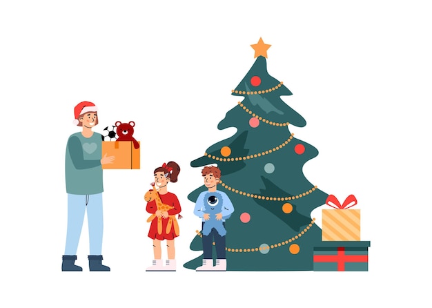 Voluntario sosteniendo una caja de donación con juguetes para regalar el año nuevo a los niños pobres.