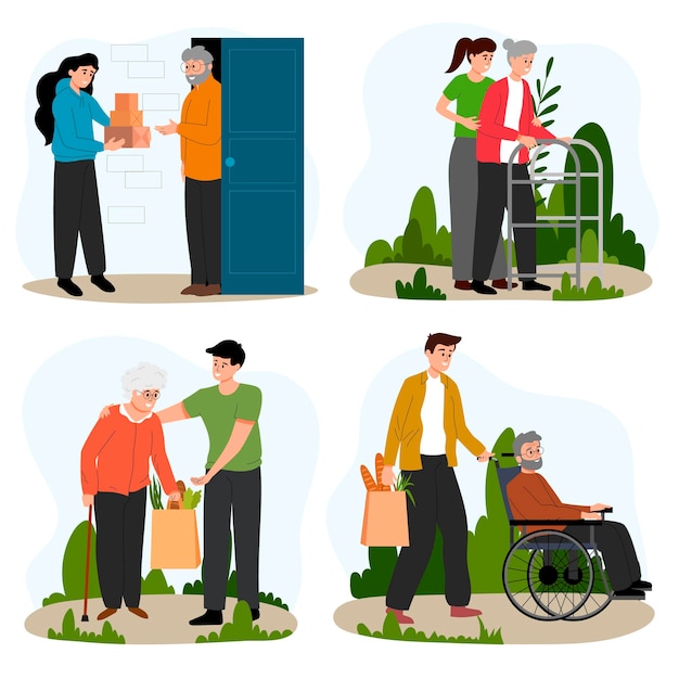 Los voluntarios cuidan de las personas mayores Las mujeres y los hombres entregan cajas El anciano apoya a la anciana que va con el andador Ayuda a los jubilados con bastón en silla de ruedas Trae bolsas con comida Ilustración vectorial