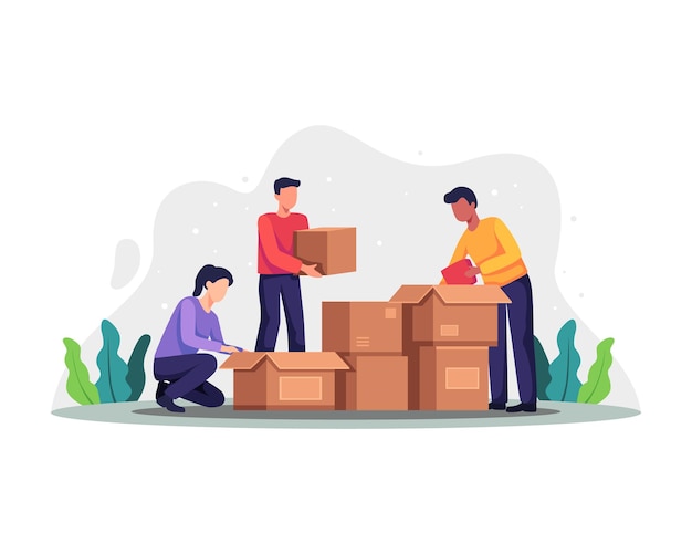 Vector voluntarios empacando cajas de donaciones. las personas recogen diferentes cosas en cajas de donación, concepto de donación y caridad. ilustración de vector de caridad, bienestar, concepto de asistencia. vector en un estilo plano