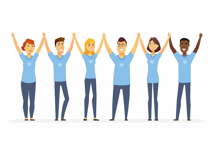 Vector voluntarios felices tomados de la mano - personajes de dibujos animados personas aislaron ilustración sobre fondo blanco. hombres y mujeres internacionales vistiendo camisetas azules con un corazón. concepto de trabajo social y unidad.