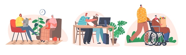 Voluntarios Personajes jóvenes Ayudan a personas mayores indefensas y discapacitadas Mujer lee el periódico a una mujer mayor Camina con una persona mayor en silla de ruedas y enseña a usar la ilustración vectorial de dibujos animados de computadora