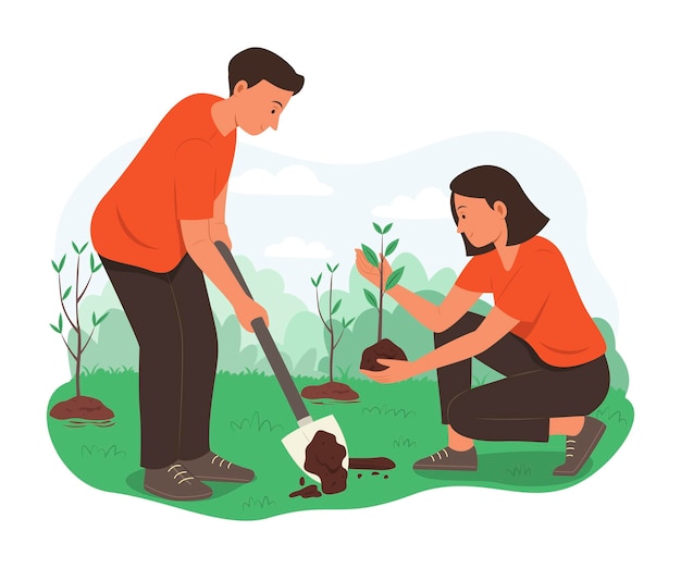 Vector voluntarios plantando el árbol