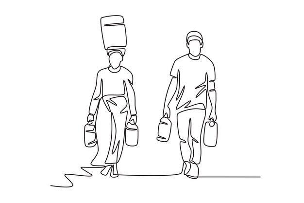 Voluntarios que ayudan a los residentes a llevar agua Concepto de cuidado comunitario dibujo en línea