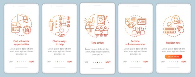 Vector voluntarios que encuentran la pantalla de la página de la aplicación móvil incorporada con conceptos lineales. ayuda humanitaria. instrucciones gráficas de los pasos del recorrido del programa de voluntariado. ux, ui, plantilla vectorial gui con ilustraciones