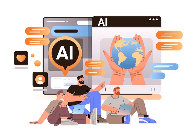 Voluntarios que usan la aplicación de computadora con ai helper bot asistente sin fines de lucro ayuda humanitaria concepto de ayuda voluntaria ilustración vectorial horizontal