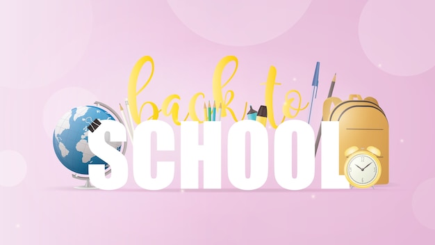 Volver a la bandera rosa de la escuela. Hermosas inscripciones, libros, globo terráqueo, lápices, bolígrafos, mochila amarilla, reloj despertador viejo amarillo.