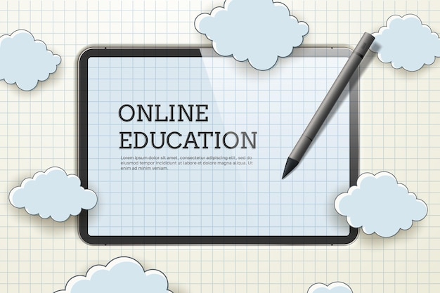 Volver a la escuela aprendizaje en línea Tableta o teléfono inteligente en un fondo de papel a cuadros con nubes Ilustración vectorial