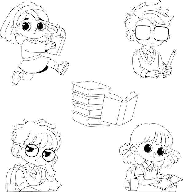 Volver a la escuela Página para colorear con dibujos animados para niños y libros