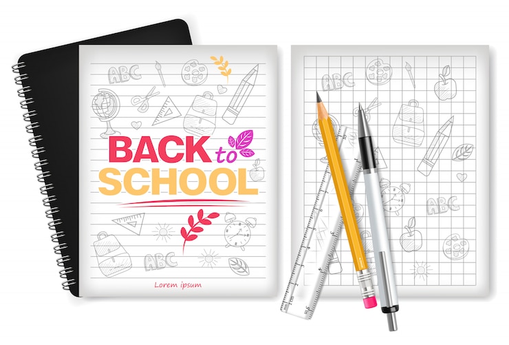 Vector volver a útiles escolares y cuaderno