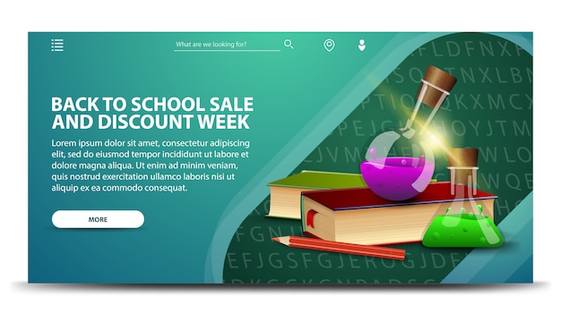 Volver a la venta de la escuela y la semana de descuento, un moderno banner web verde para su sitio web con libros y frascos de productos químicos
