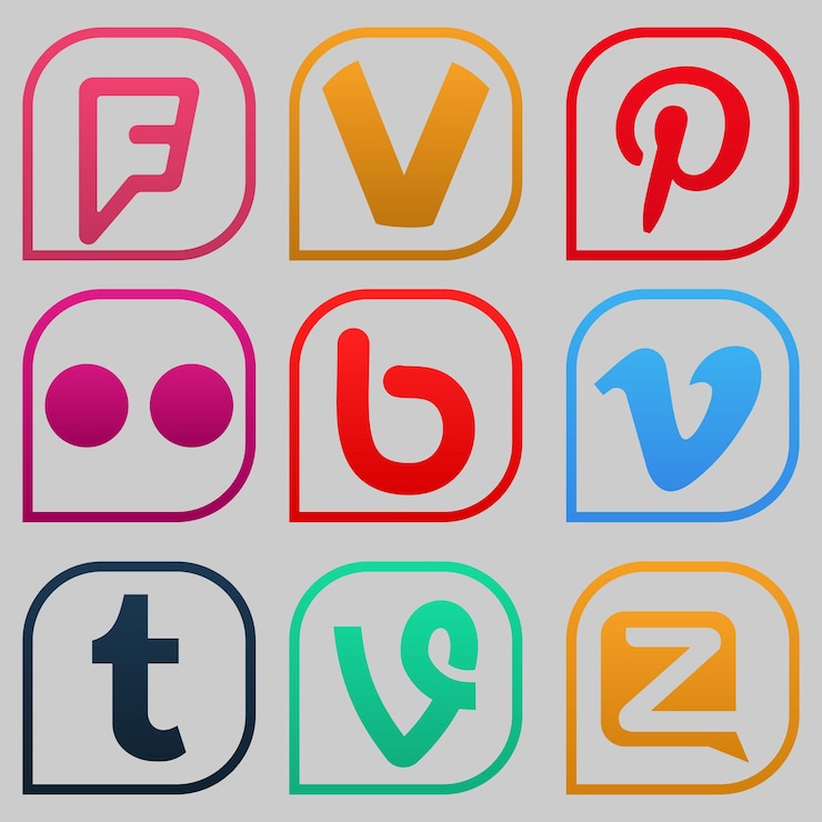 Vector voronezh, rusia - 5 de enero de 2020: conjunto de iconos de redes sociales populares en color: foursquare, pinterest, flickr, vimeo, tumblr, vine y otros