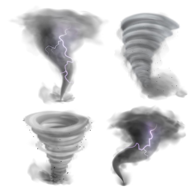 Vector vórtice de huracán tornado realista tormenta de tornado 3d con relámpago conjunto de embudos de aire de torbellino aislado desastre natural fenómeno climático destructivo movimiento de viento en espiral catástrofe vectorial