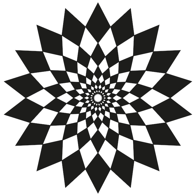 Vórtice de pétalos hipnóticos Rotación vectorial a cuadros Patrón negro en espiral Forma de ilusión óptica
