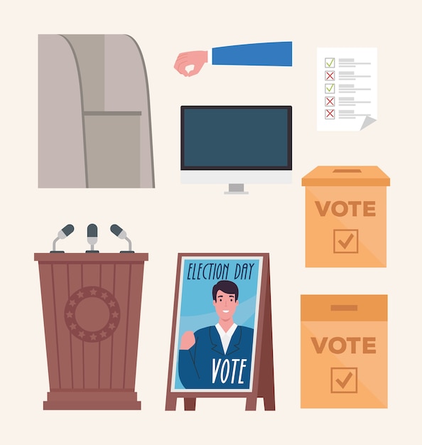 Vector votar diseño de conjunto de iconos, día de las elecciones y gobierno