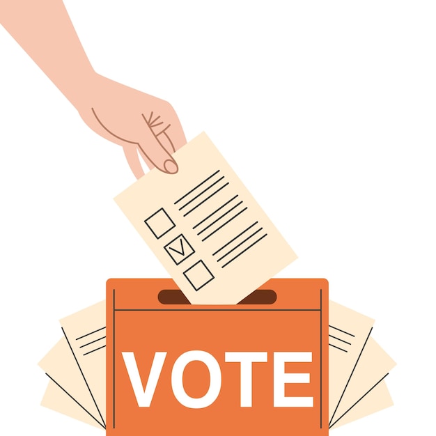 Votar en las elecciones de Estados Unidos manos poniendo boletas en la urna de votación vector ilustración plana aislada en