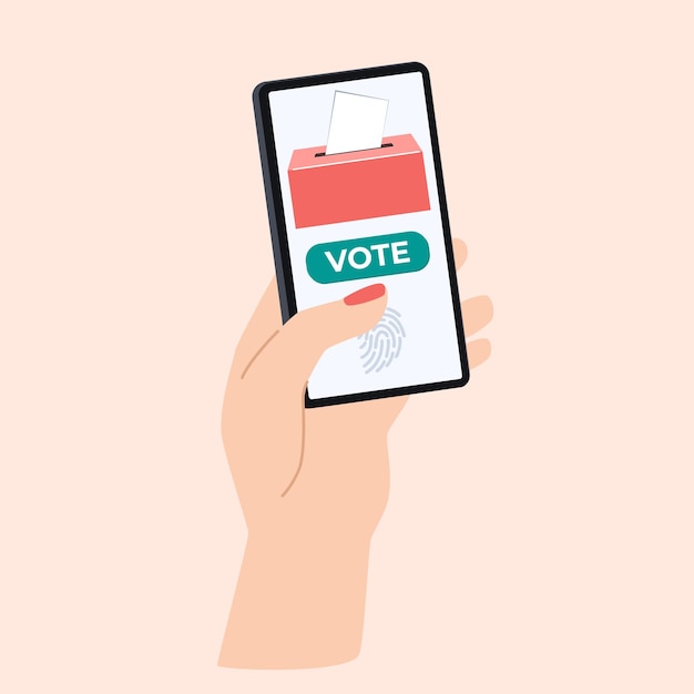 Votar en línea La mano sostiene el iPhone y vota Ilustración vectorial del concepto de elección