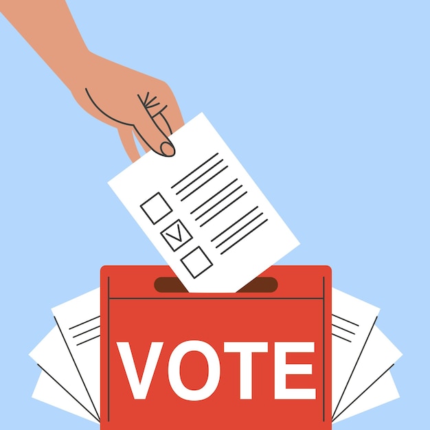 Votas elecciones usa manos poniendo papeletas en la caja de votación ilustración plana vectorial