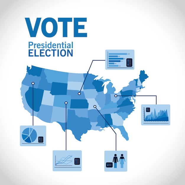 Vector voto de las elecciones presidenciales con mapa azul y diseño infográfico, tema de gobierno y campaña