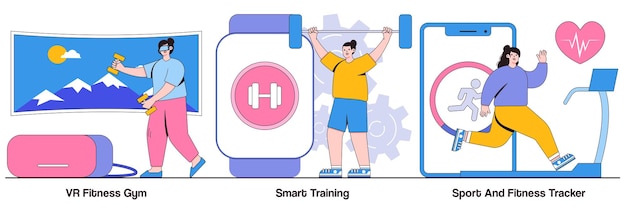 Vr fitness gym smart training sport and fitness tracker concepto con personajes de personas paquete de ilustración de tecnologías de entrenamiento personal inteligente metáfora del monitor de salud de la aplicación de entrenamiento fit