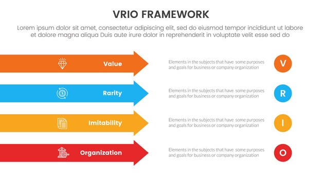 Vector vrio marco de análisis de negocios infográfico plantilla de etapa de 4 puntos con flecha rectangular dirección derecha pila vertical para presentación de diapositivas