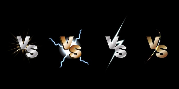 Vs icono de vuelo versus logotipo Sport v s batalla neon partido estandarte mma competición juego de boxeo duelo brillo elementos aislados oro y plata logotipo de lujo con letras de diseño vectorial de relámpago