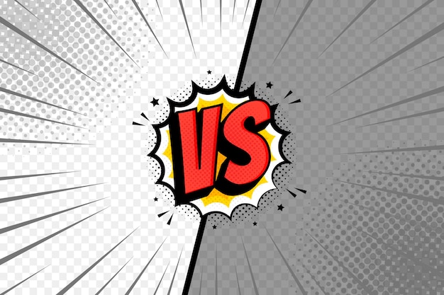 VS plantilla de dos cuadros. Versus diseño de arte pop sobre fondo transparente, cómic con borde de rayo para la introducción de la lucha y el duelo de superhéroes. Ilustración vectorial
