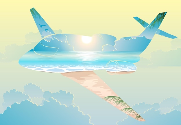 Vector vuelo en avión de doble exposición en islas exóticas
