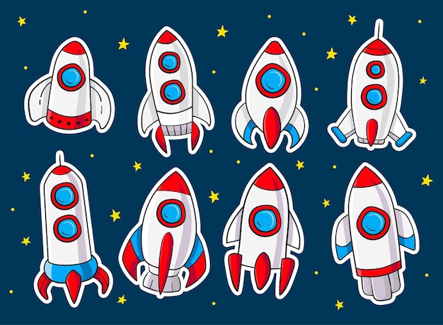 Vuelo espacial avión cohete volador nave espacial astronautas planeta estrella dibujos animados icono ilustración