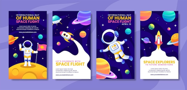 Vuelo espacial humano Historias de redes sociales dibujos animados planos plantillas dibujadas a mano Ilustración de fondo